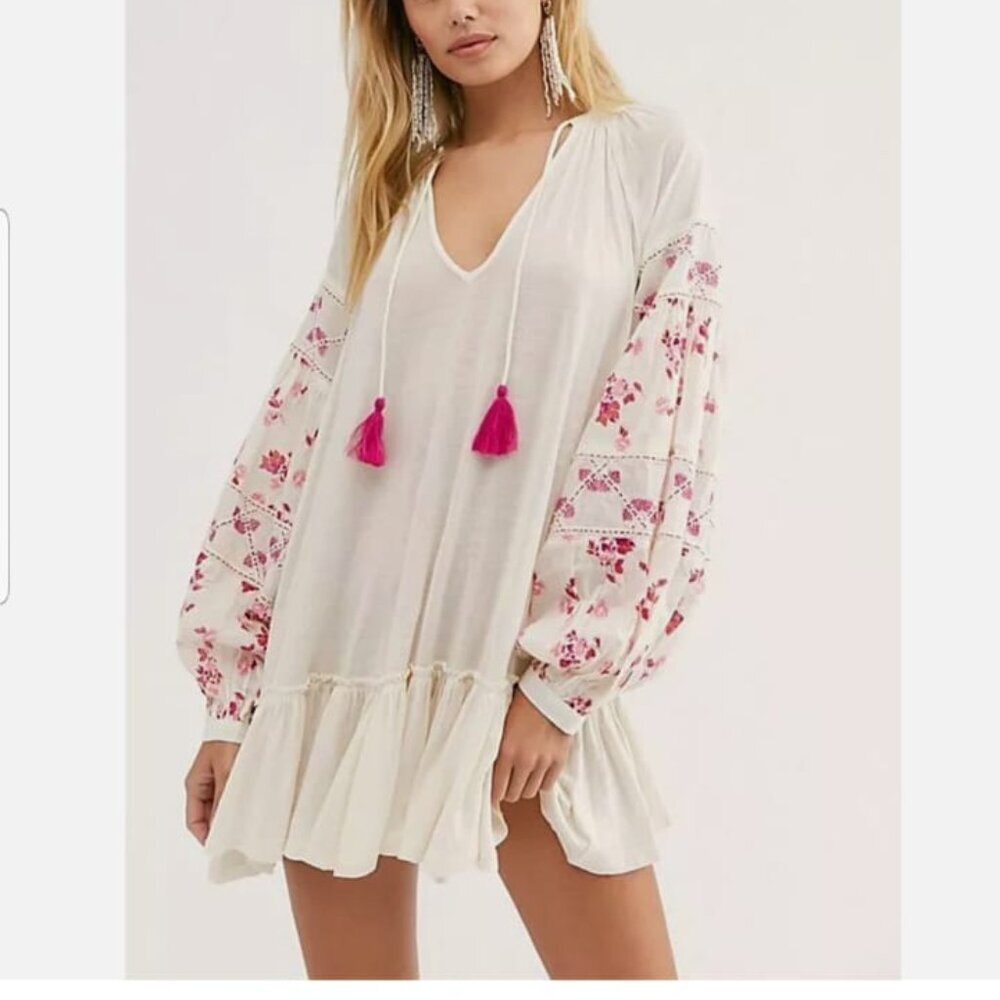 Free People Mix It Up Pink Floral Embroidered Beaded Boho Tunic Mini Dress S
